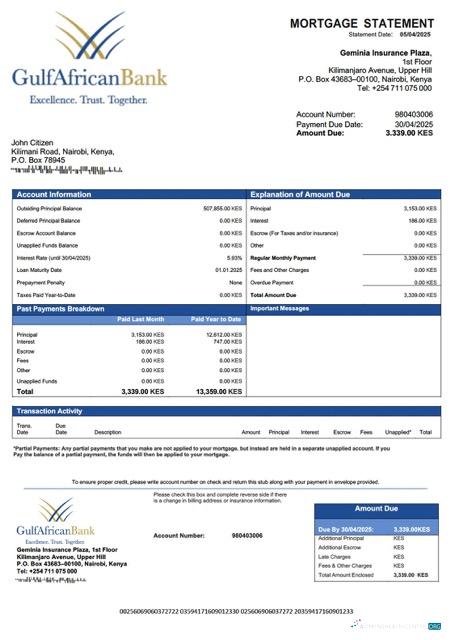Download Kenya Gulf African Bank mortgage statement Word and PDF template Photoshop template